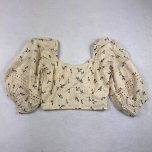 Avec Les Filles Ivory Cottagecore Puff Sleeve Floral Eyelet Crop Top XS NWT